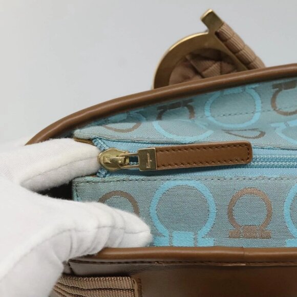 Salvatore Ferragamo Gancini Tote Bag Canvas Leather Light Blue Gold Auth gh706 - Picture 13 of 16